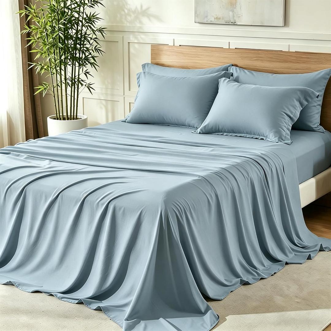KAKIJUMN 6 Piece Queen Sheets Set, Rayon Derived from Bamboo Blend, Dusty Blue