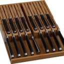 Domax Bamboo In-drawer Knife Block - Knife Drawer Organizer Insert Large Handle Steak Knife Holder, Kitchen Drawer Knife Organizer Fits for 16 knives and 1 Sharpening Steel (Not Included), Walnut