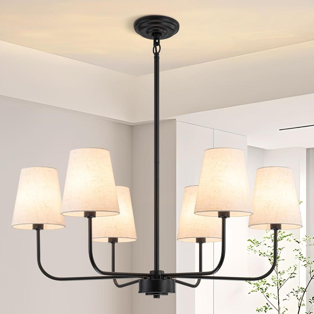 Farmhouse Chandelier 6 Light 31.5", Black Chandelier Modern Dining Room Light Fixtures over Table Island Lighting Fixture with Linen Fabric Shades for Kitchen Living Room Foyer Entryway Bedroom