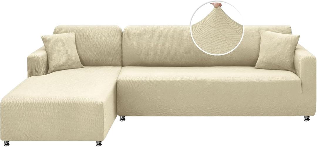 XINEAGE Sectional Couch Cover High Stretch L Shaped Sofa Cover 2 Pieces Non Slip Slipcover with Chaise Furniture Protector with 2 Pillowcases for Pets & Dogs (3 Seat Sofa + 3 Seat Chaise, Light Beige)