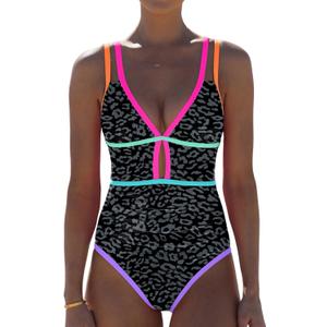 popvil Women One Piece Swimsuit 2026 Tummy Control Sexy Cutout Neon Color Block Bathing Suit Slimming Adjustable Swimwear (Medium, Black Leopard)
