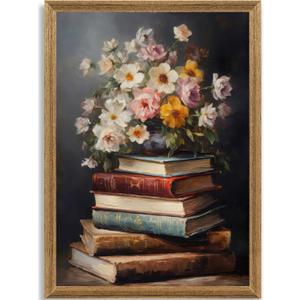 Krtoni Framed Farmhouse Vintage Canvas Wall Art, Country Spring Wildflowers Artwork Wall Decor, Dark Academia Flower Books Theme Poster Print for Living Room Bedroom Bathroom Study 24''L x 16''W