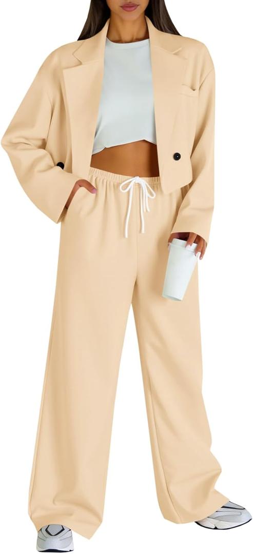 Fisoew Women's 2 Piece Outfits Casual Crop Blazer Jackets Loose Wide Leg Pants Fall Dressy Business Work Suit Sets (Beige)