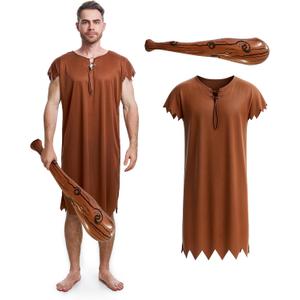 Halloween Men's Costume Adult Caveman Outfit, Orange & Brown for Cosplay & Family Parties (XL)