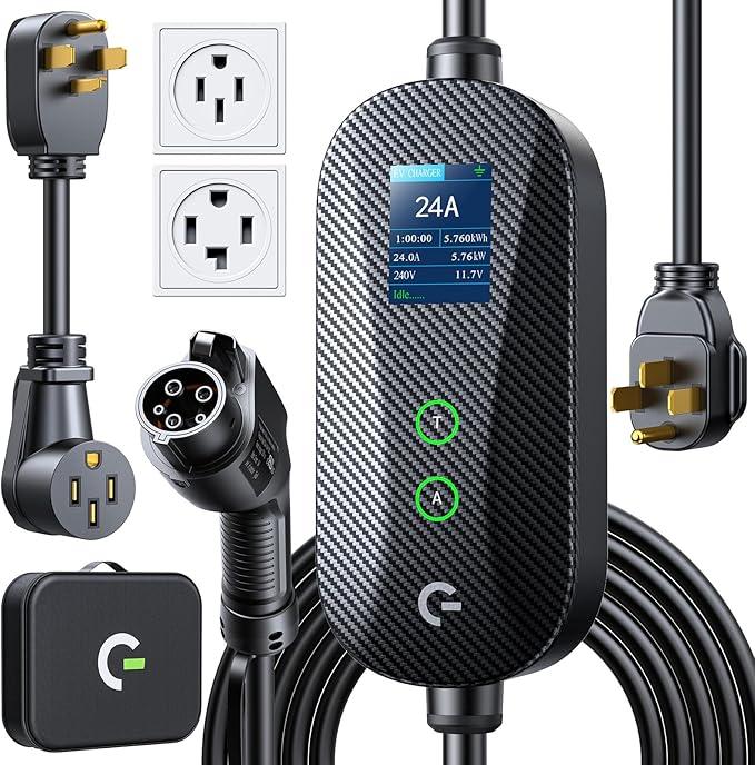 Grasside Carbon Fiber Level 2 EV Charger, 24A Adjustable Current/Timer/Smart Display, NEMA 1430 Dryer Outlet & 1450 Plug, 21FT EV Charging Cable, J1772 Connector for SEA J1772 EVs/PHEVs
