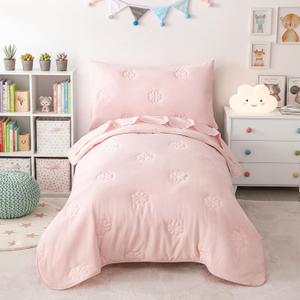 Pink Toddler Bedding Sets for Girls, 4 Pieces Floral Embroidery Toddler Bed-in-a-Bag Includes Soft Comforter, Flat Sheet, Fitted Sheet and Envelope Pillowcase