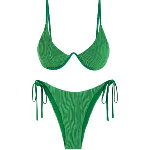 ZAFUL Women's Bikini Sets Ribbed Two Piece Swimsuits Underwire Adjustable Back Clasp Bathing Suit Side Tie Thong Swimwear (Deep Green, Small)