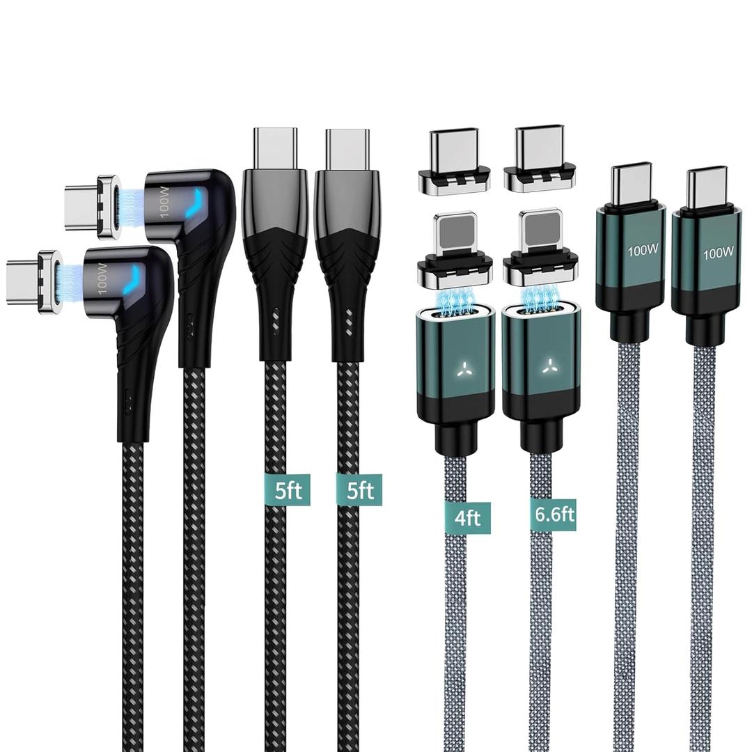 100W Magnetic Charging Cable,Magnetic Right Angle USB C Cable,480Mbps Data Transfer,5A Fast Charging,Compatible with USB C Device (Black Green)