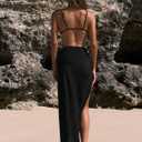 Women's Beach Cover Up Skirt 3D Flower Crochet Out High Split Swimsuit Bathing Suit Beach Skirt (Black, XS)