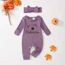 Noubeau Newborn Baby Girl Halloween Outfit Cutest Pumpkin Ribbed Romper Jumpsuit Headband Thanksgiving Clothes (Purple)