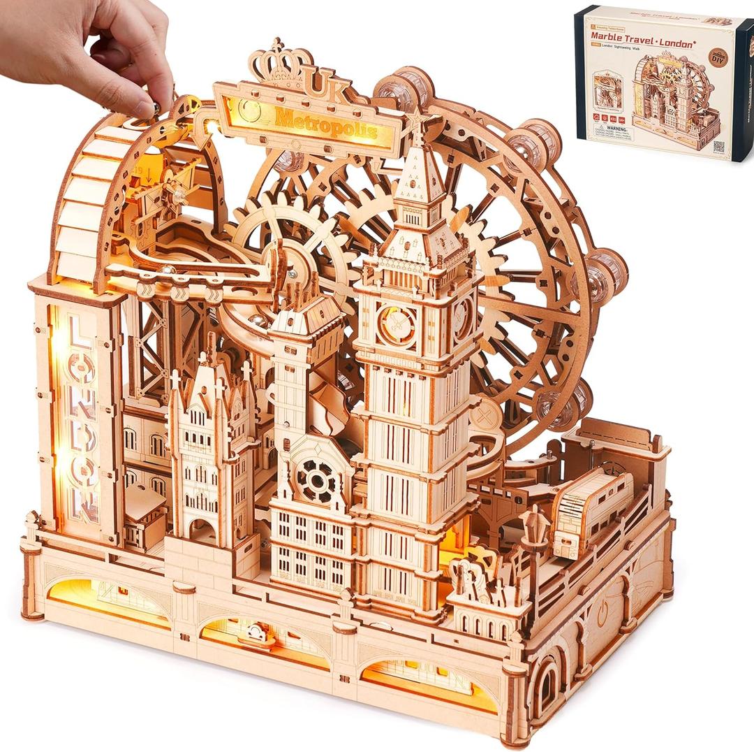 ROBOTIME Wooden Town Marble Run - 3D Wooden Puzzles for Adults EGB01 Night City Marble Run Kit - Wooden Puzzle Models for Adults to Build - Space/STEM/Engineering Gift