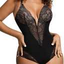 Popilush Lace Shapewear Bodysuit Tummy Control Corset Tops for Women V Neck Sleeveless Body Suit Thongs, Large