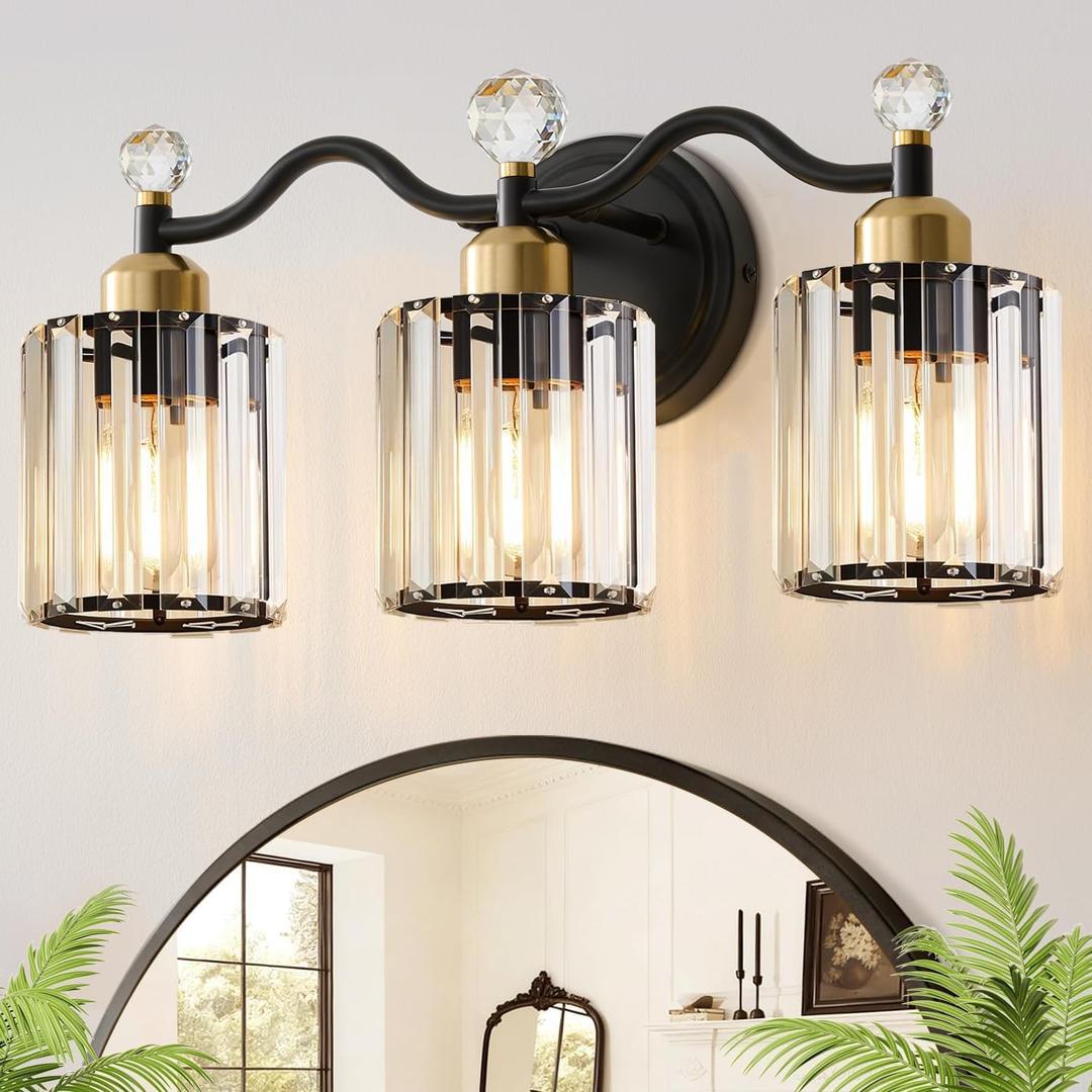 Modern Crystal Bathroom Vanity Light,Balck and Gold 3-Lights Bathroom Light Fixtures, Vanity Light Fixtures Over Mirror, Glass Wall Sconce Light for Bedroom, Kitchen, Living Room, Gallery, E26 Base (Black&Brass)