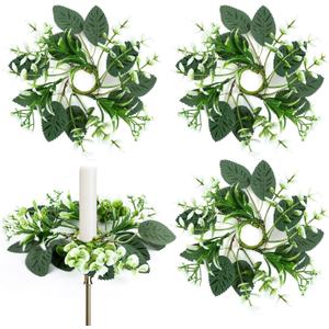 4 PCS Eucalyptus Taper Candle Rings Wreaths 1.38" Mini Spring Summer Floral Taper Candle Holder Wreaths Artificial Greenery Leaves Table Centerpieces Wreath for Farmhouse Home Candlesticks Decor