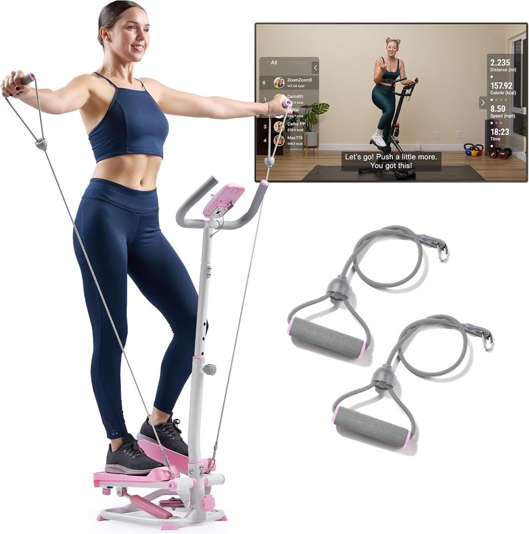 Sunny Health & Fitness Total Body 2-in-1 Smart Stepper Machine for Home with Handlebar and Resistance Bands, Total Body Workout, Adjustable Hydraulic, LCD Monitor, Non-Slip Pedals  330 LB Max Weight (Pink)