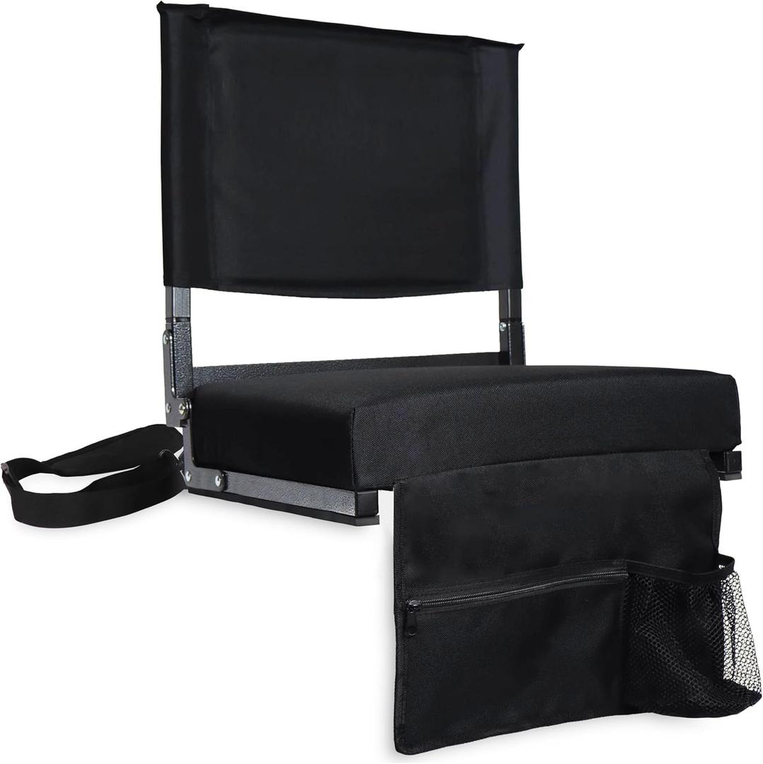 Stadium Seat for Bleachers with High Back Support and Cushion, Bleacher Seat with Shoulder Strap, 3-Inch Thick Padded Foam Portable Folding Comfort Stadium Chair, Includes Storage Bag and Cup Holder (Black)