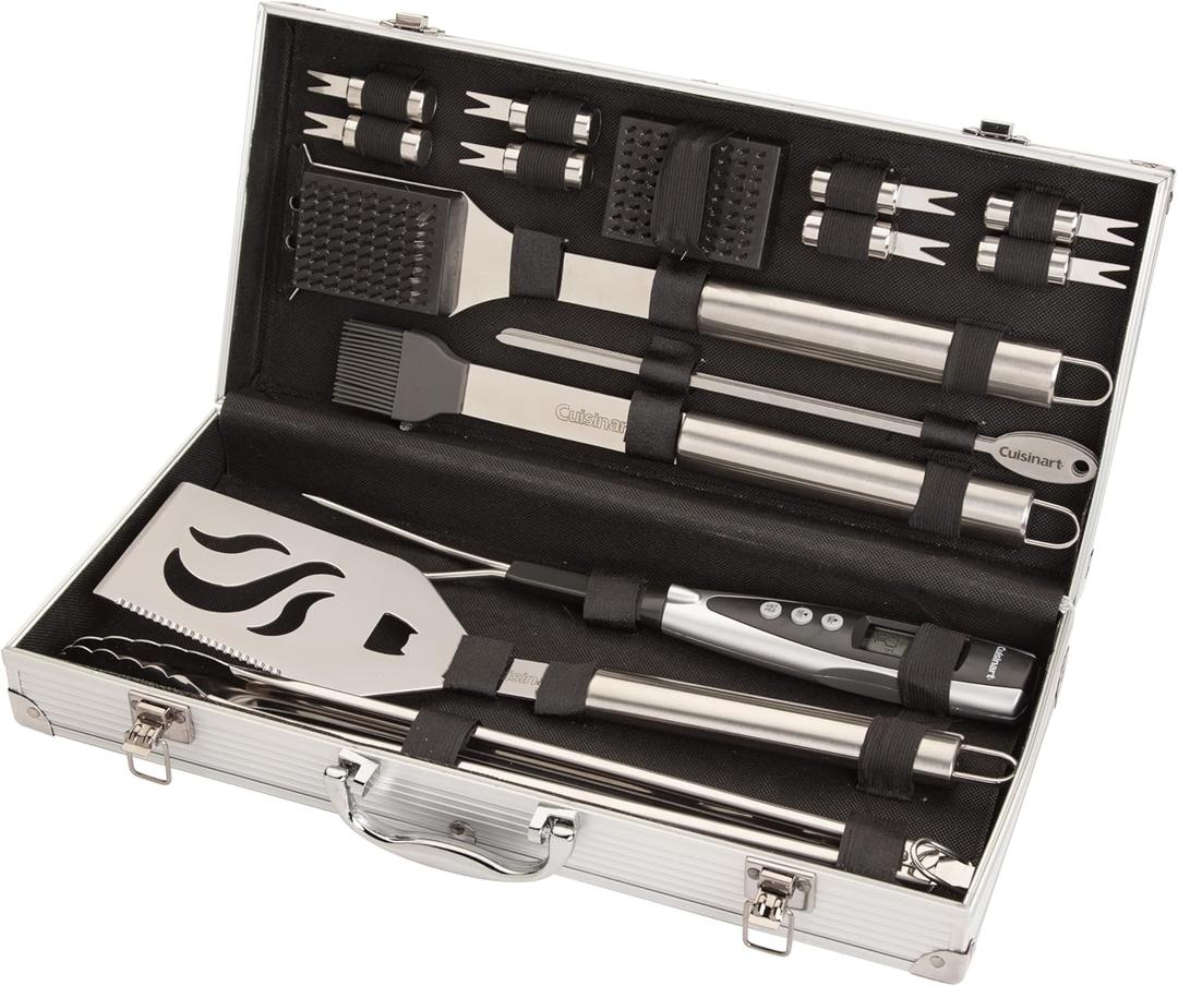 Cuisinart Deluxe Grill Tool Set, 20-Piece BBQ Tools Grill Accessories with Aluminum Case & Digital Temperature Fork, Stainless Steel Spatula, Tongs, Grill Accessories & Utensils, Grilling Set for BBQ (Deluxe Grill Set, 20-Piece)