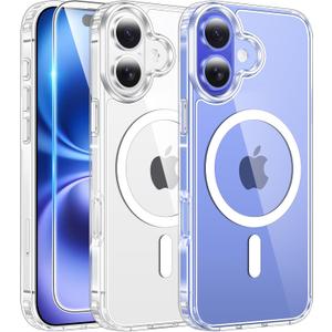 FNTCASE for iPhone 16 Plus Case: Clear Magnetic Phone Cases with Screen Protector Compatible with Magsafe Slim Anti Yellowing Rugged Shockproof Protective Transparent Cell Phone Cover (A-Clear)