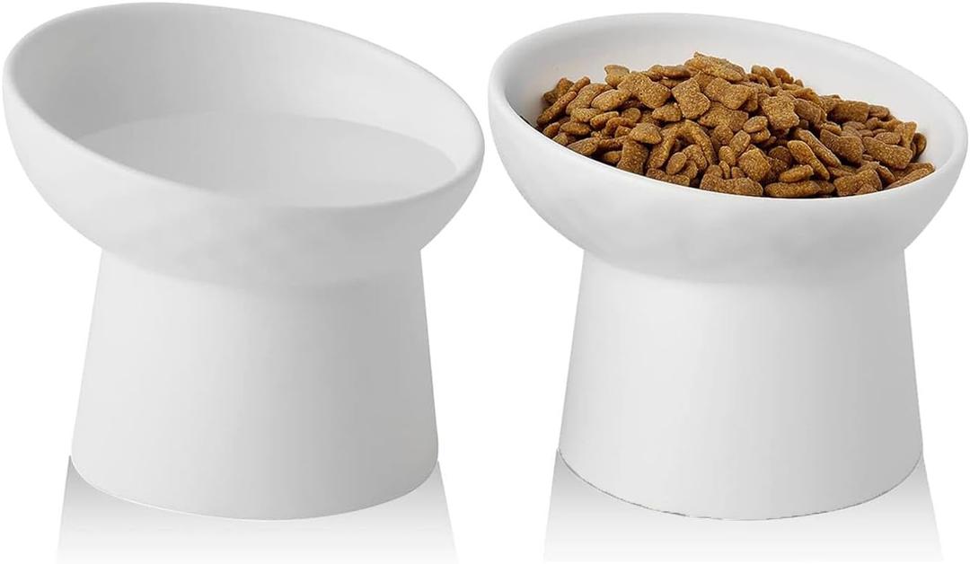 Ceramic Raised Cat Bowl Whisker Friendly, Elevated Tilted Cat Food and Water Bowls Set, Stress Free Pet Feeding Dish for Indoor Cats and Small Dogs, Anti Vomiting, White, 2 Packs