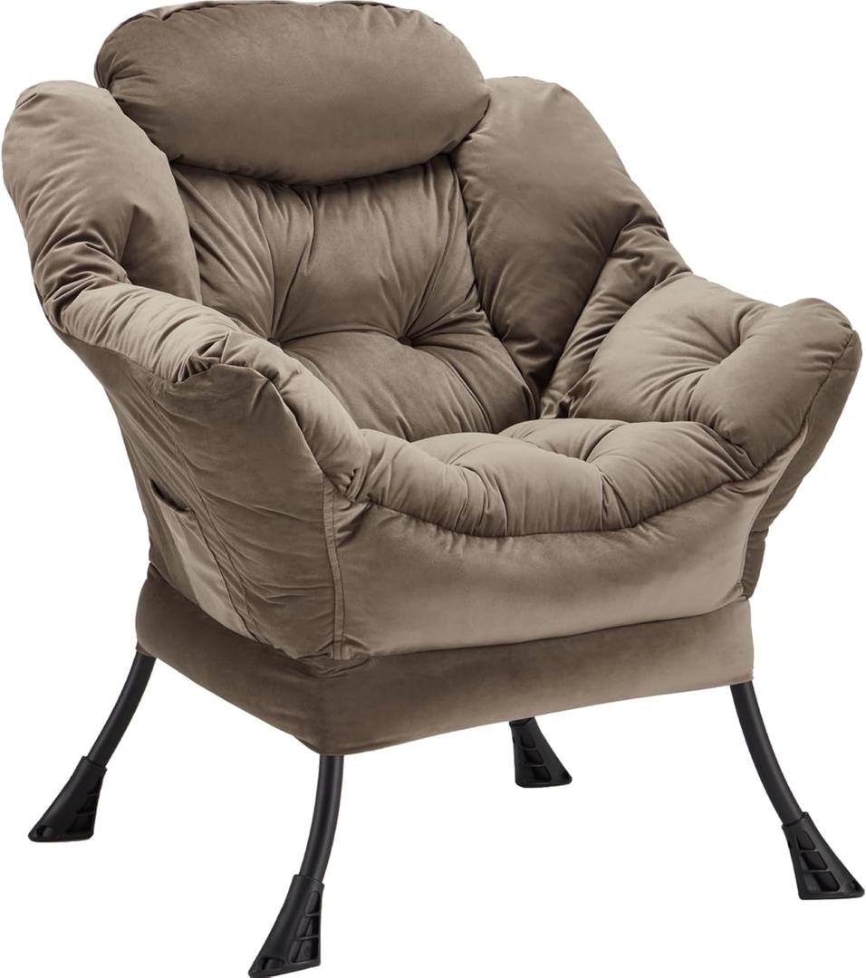 Lazy Chair Thick Padded, Comfy Velvet Accent Lounge Chair with Stable Frame, Leisure Sofa Armchair with Armrests and Side Pocket, Reading Chair for Bedroom, Living Room, Office, Dark Gray