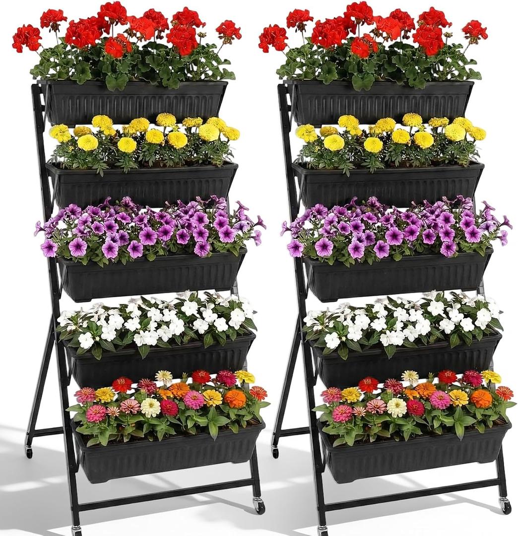 Briwooody 2 Pack 5 Tier Vertical Garden Planter with Wheels 4.5 ft Raised Garden Bed for Strawberry Herb Vegetable Flower Stackable Planter Boxes with Drainage for Patio Indoor Outdoor(Black), 135 x 64 x 70 cm