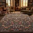 GarveeHome Brown Vintage Floral Washable 8x10 Area Rugs for Living Room Black Boho Botanical Retro Rug Low Pile Stain Resistance Non Slip Carpet for Bedroom Nursery Dining Room