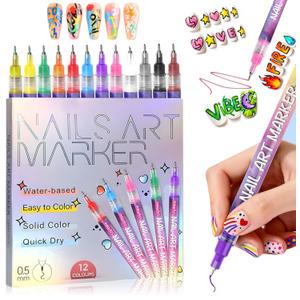 Nail Art Pens Set -Colors Nail Art Markers with 0.5mm Fine Nib, Quick Dry Graffiti Dotting Pen for DIY Gel Nail Art Design, Manicure Beauty Tools (12 Color)