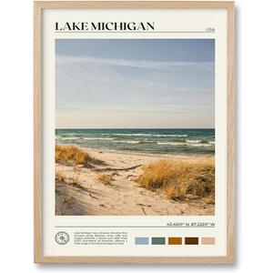 HesenDot Natural OAK Wood Lake Michigan Framed Wall Art,12x16in Natural Scenery Canvas Wall Print,Classic Urban City Landmark Wall Decor for Living Room,Bedroom,Office Gallery Gifts Set of 1