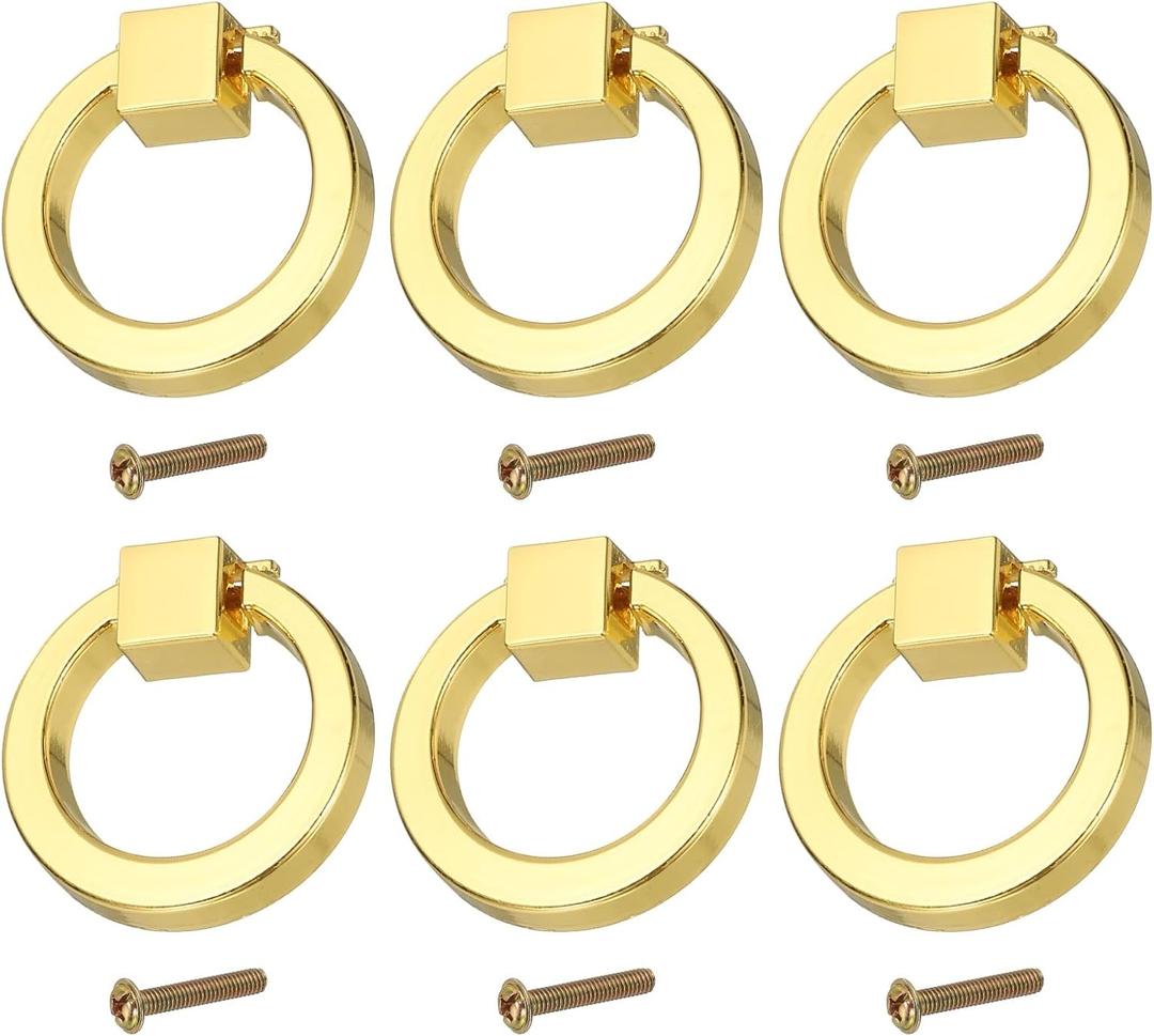 PATIKIL 6Pack Drawer Ring Pull Handles, 1.57" Zinc Alloy Hole Ring Cabinet Knobs with Screws for Cupboard Cabinet Drawer Dresser Closet Door, Gold