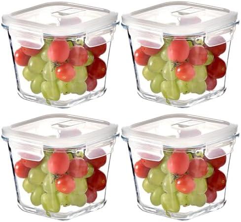 H.JSS WDJS Square Glass Food Storage Containers, 4 Cup Glass Soup Container with Airtight Lids, Food Meal Prep Bowls, Storage Jars for Salad and Fruit, Oven、Microwave、Dishwasher Safe (4 Pack)