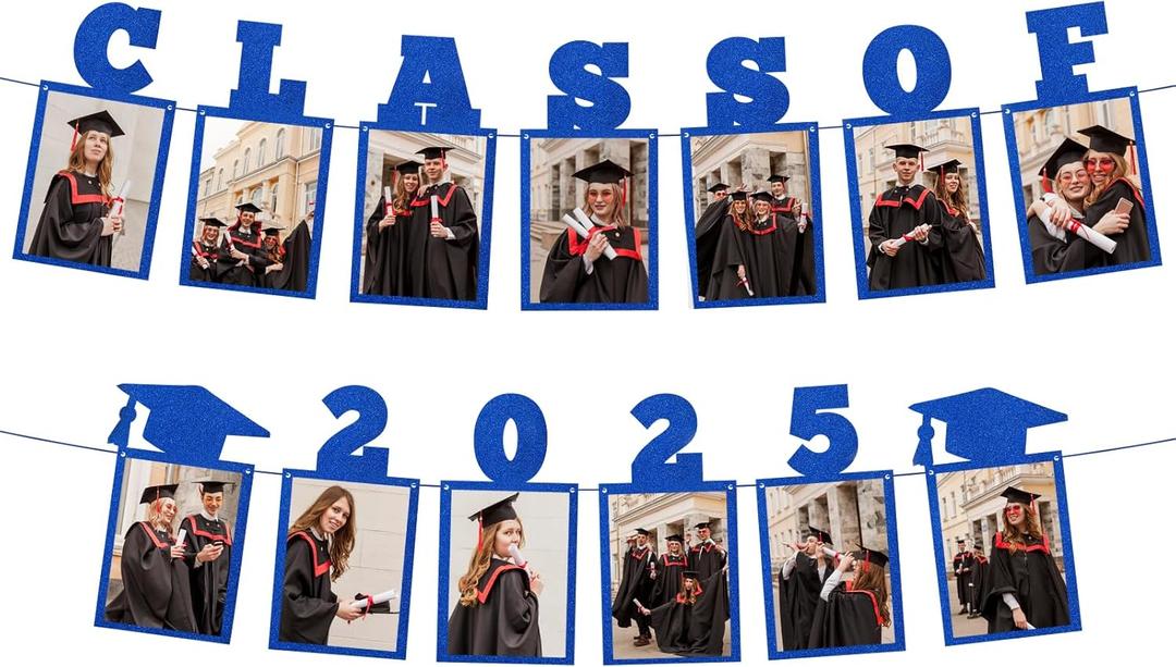 DAZONGE Blue Graduation Decorations 2025 - Class of 2025 Personalized Picture Banner - Large 13 Feet Graduation Photo Banner Decorations - Grad Party Decorations Party Favor