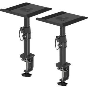 suptek Clamp-on Speaker Stand Desk Mount Set, Height Adjustment, Tilt, Swivel, 9.6 x 8.8 inch Trays, Universal Audio Holders for Computer and Bookshelf Speakers, Elevated Sound, 2 Pack, Black, SDM001B