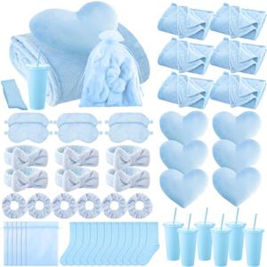 Fanfanwin 48 Pcs Sleepover Party Supplies Spa Birthday Slumber Pajamas Galentines Party Favors Coquette Throw Blanket Pillow Headband Scrunchies Eye Mask Cup Socks(Blue,Solid Color)