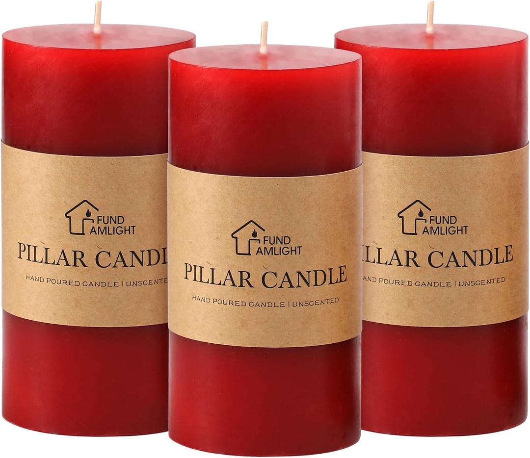 3x6 Inch Red Pillar Candles Set of 3 - Decorative Unscented Pillar Candle, Long Burning Dripless Candles, Smokeless Large Pillar Candles for Wedding, Dinner and Home Decor