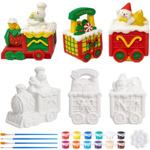 Watersay 6 Set Christmas Ceramics to Paint Express Train Ceramics Xmas Craft with Palette and Brushes Snowman Baker Gingerbread Man Party Favors Table Decoration Gifts