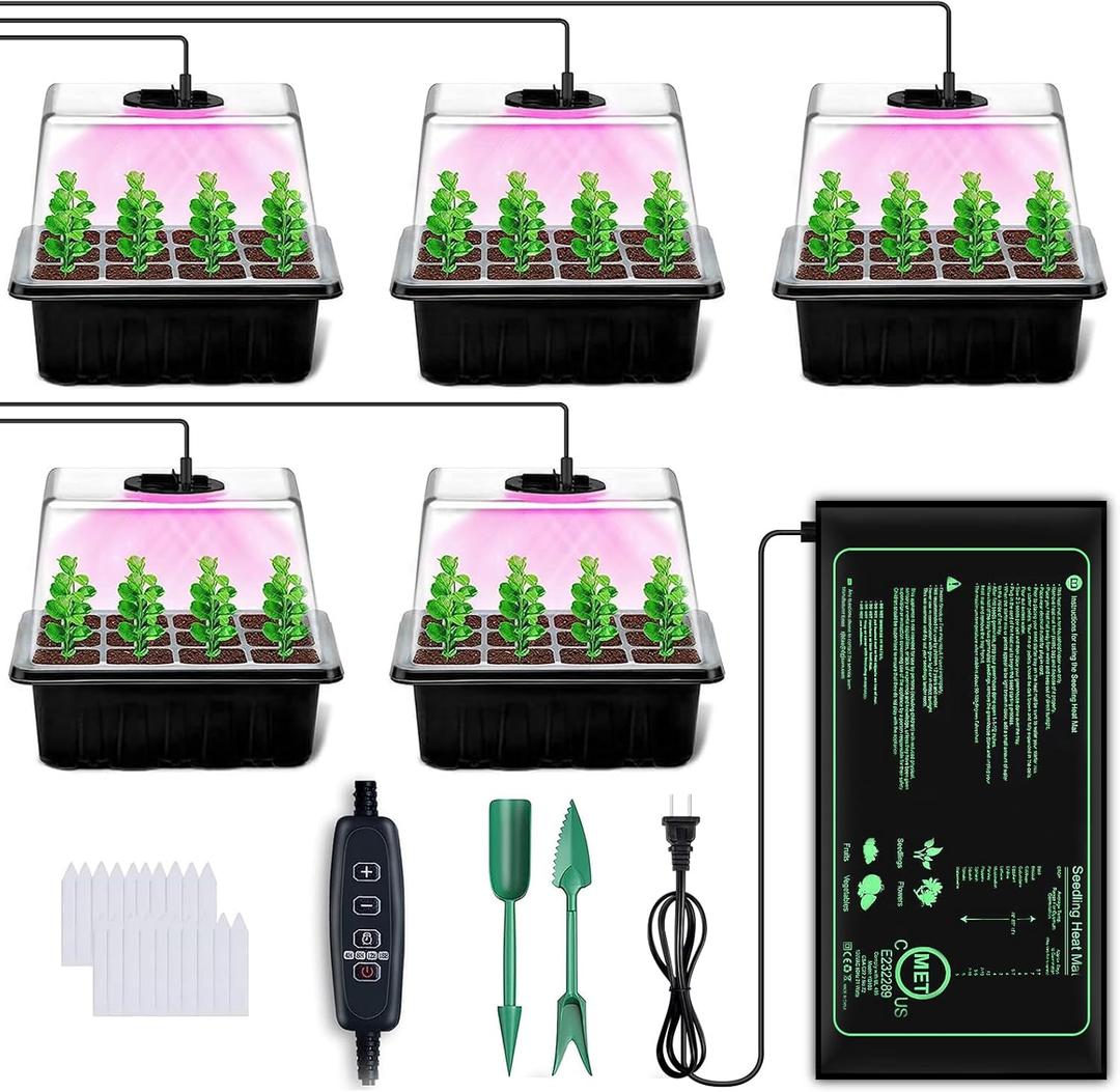 YAUNGEL Seed Starter Tray with Grow Light, 5 Pack Seed Starter Kit with Heat Mat, Seed Tray with Timing Controller Adjustable Brightness and Humidity Domes Heightened Lids, Black