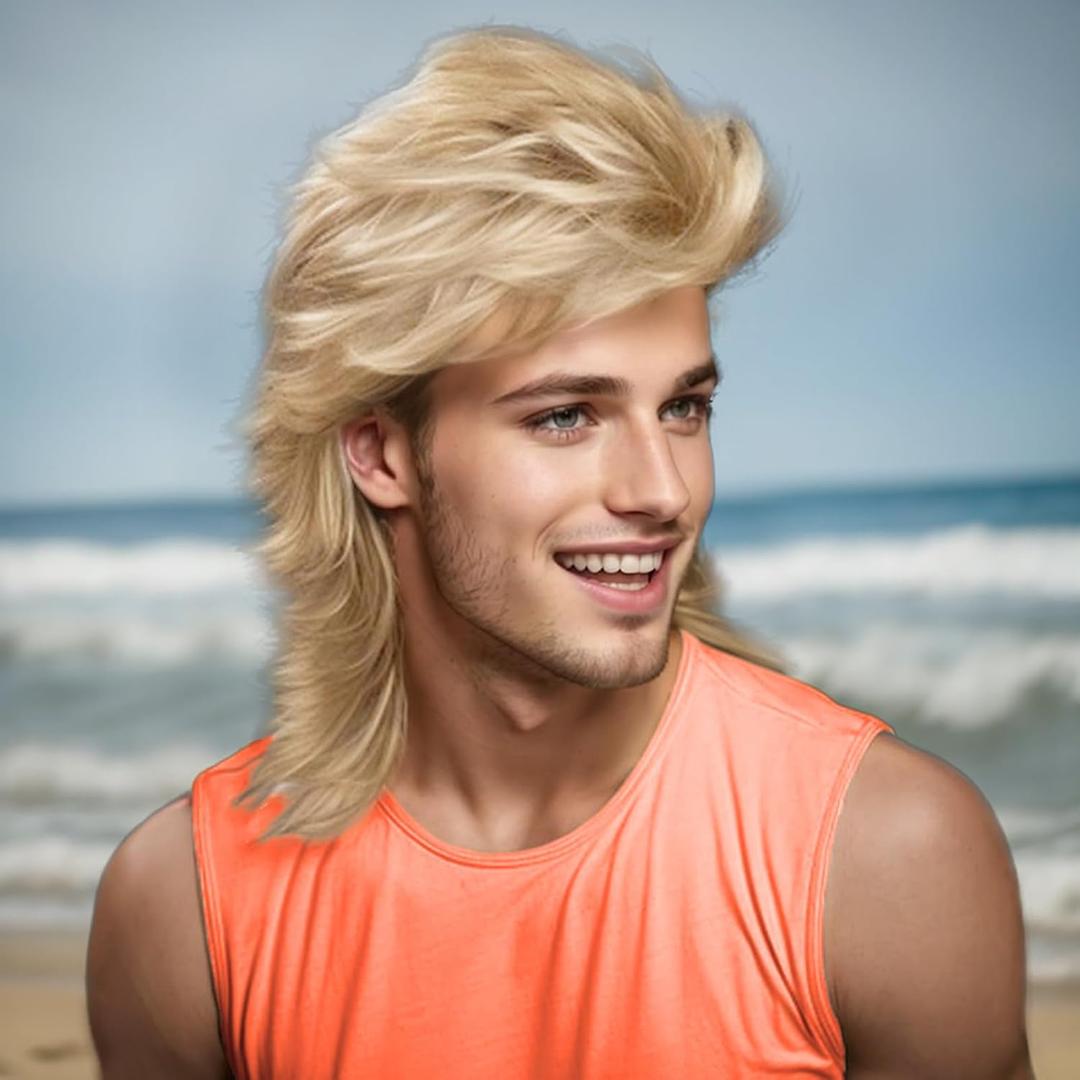 Blonde Mullet Wigs For Men Costume 80s Funny Wigs Heat Resistant Synthetic Pop Rock Wig For 70s Mens Fancy Party Cosplay Halloween Or Fun