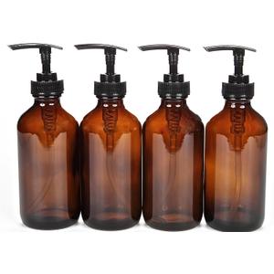 Vivaplex, 4, Large, 8 oz, Empty, Amber Glass Bottles with Black Lotion Pumps