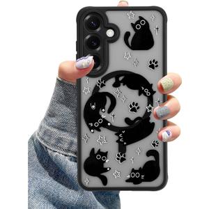 Compatible with MagSafe Case for Samsung Galaxy S25, Cute Black Cat Aesthetic Pattern Magnetic Design Phone Case, Soft TPU Protective Phone Cover for Women Girls-Black