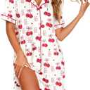 ASTANFY Nightgowns for Women Button Down Sleepshirt Short Sleeve Nightshirt Xmas Pajamas V Neck Nightdress (Small, Cherry-white)