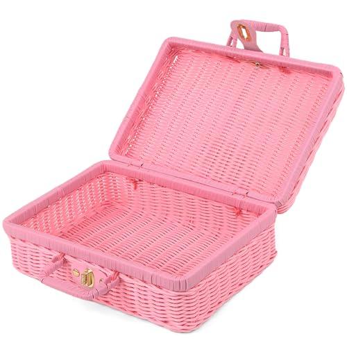 Wicker Picnic Basket with Handle, Vintage Rattan Suitcase Basket, Rustic Storage Box with Leather Strap Lock, Makeup Organizer, Prop Case for Camping Travel, 13.8 x 9.8 x 5.1 Inches (Pink)