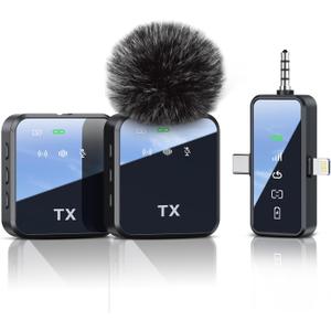 PQRQP 3 in 1 Microphone for iPhone/Android/Camera, Wireless Lavalier Microphone, 328ft Transmission, 18H Battery Life, Mini Microphone for Record Interview, Vlogs, YouTube, Tiktok (Black-3in1)