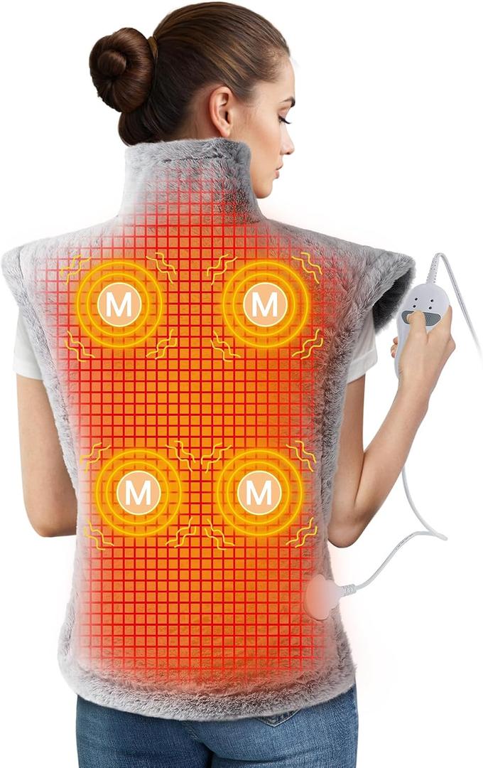 Massaging Heating Pad for Neck and Shoulders and Back, Large Electric Heating Pad for Back Pain Relief with 3 Heat Levels, 4 Massage Settings, 4 Massage Motors