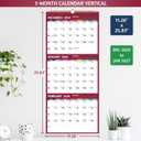 3 x 2026 Wall Calendar - 3 Month Calendar 2026 Vertical, Jan 2026 - Dec 2026, 3 Month Wall Calendar 2026, 11 x 26 In Open, 2026 Calendar with Large Print, Holidays, Thick Paper, Priorities Notes, Red