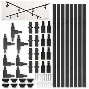 26FT Black H Track Lighting Rails, Complete H Style Track Lighting Kit 3 Wire with End Caps, Live End Feeds, T and L Connectors for Single Circuit H Style Track System