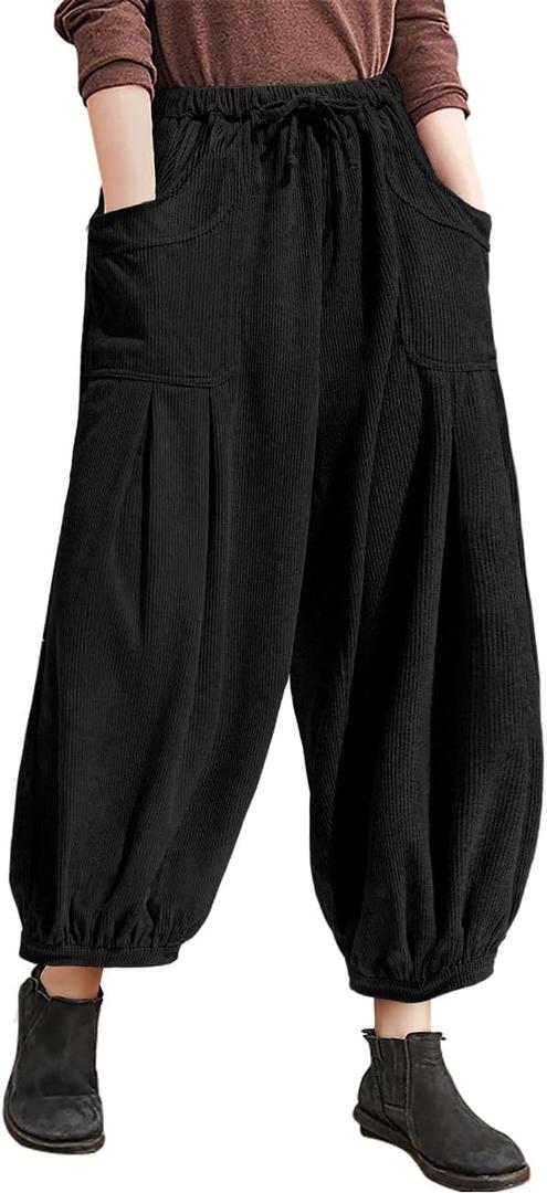 TARSE Womens Corduroy Pants Harem Casual Loose Fit Baggy Elastic Waist Lantern Fall Pants with Pockets, L