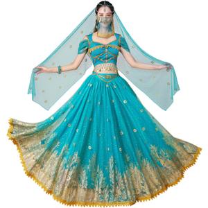 Princess Jasmine Costumes for Women Adult Aladdin Dress UP Halloween Cosplay Belly Dance Outfit (Small, Jasmine Blue)