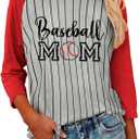 Womens 3/4 Sleeve Striped Baseball Shirt for Mama Crewneck Patchwork Raglan Baseball Mom Tops Red L (Gray, L)