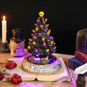 Black Halloween Tree with Rotating Train and LED Lights, Battery Operated - 7.2 x 7.2 x 10.2 inches for Halloween Decorations