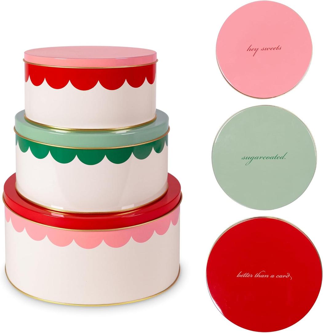 kate spade new york Decorative Metal Tins with Lids, 3 Piece Nesting Set, Small Medium & Large Christmas Cookie Containers, Perfect for Gift Giving and Holiday Parties (Hey Sweets)